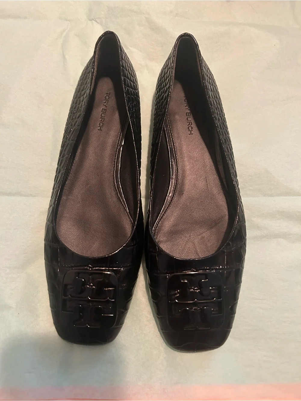 Tory Burch Black  Croc-Embossed Square-Toe Ballet Flats